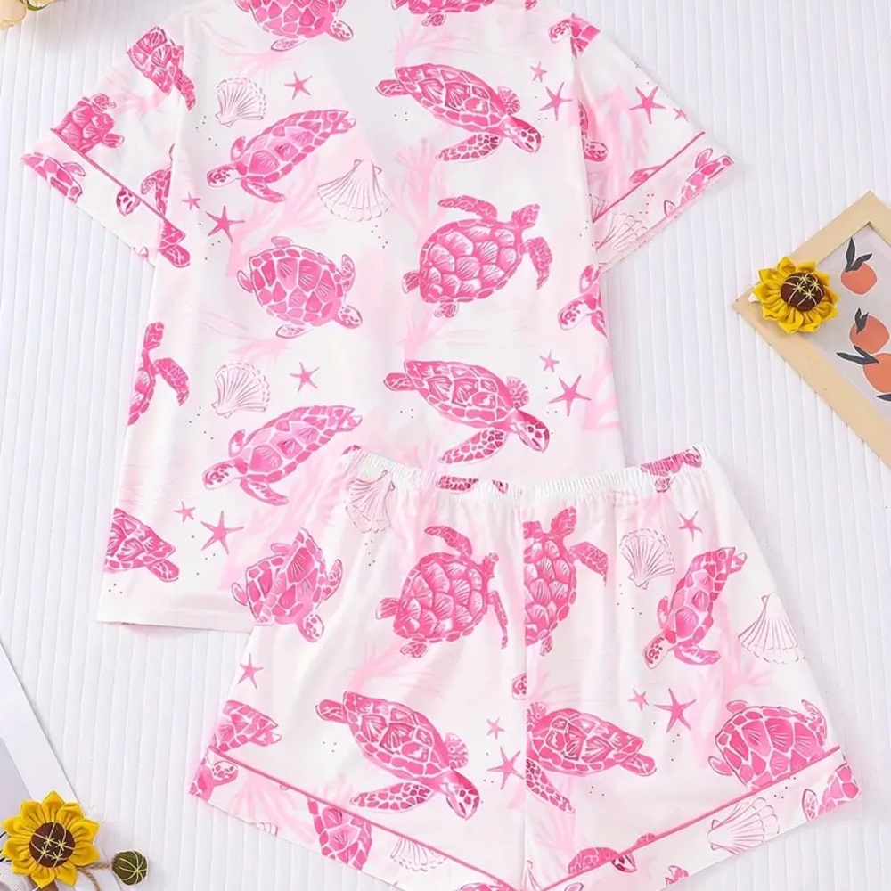 Amazon Pink Turtle Pajama Set size medium trending vacation summer pj set - Picture 2 of 12